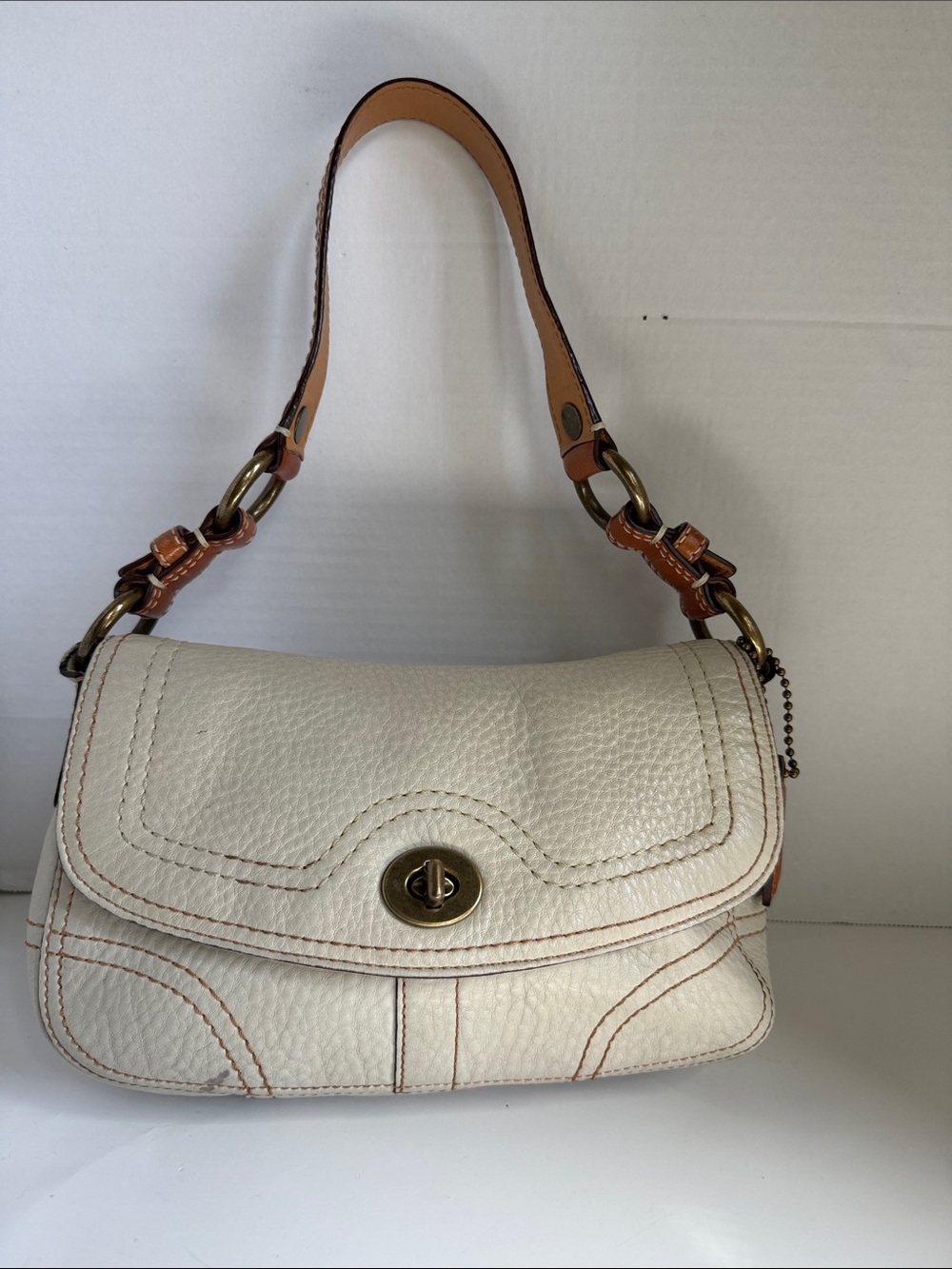 Coach Cream Leather Shoulder Bag with Gold Turn-Lock